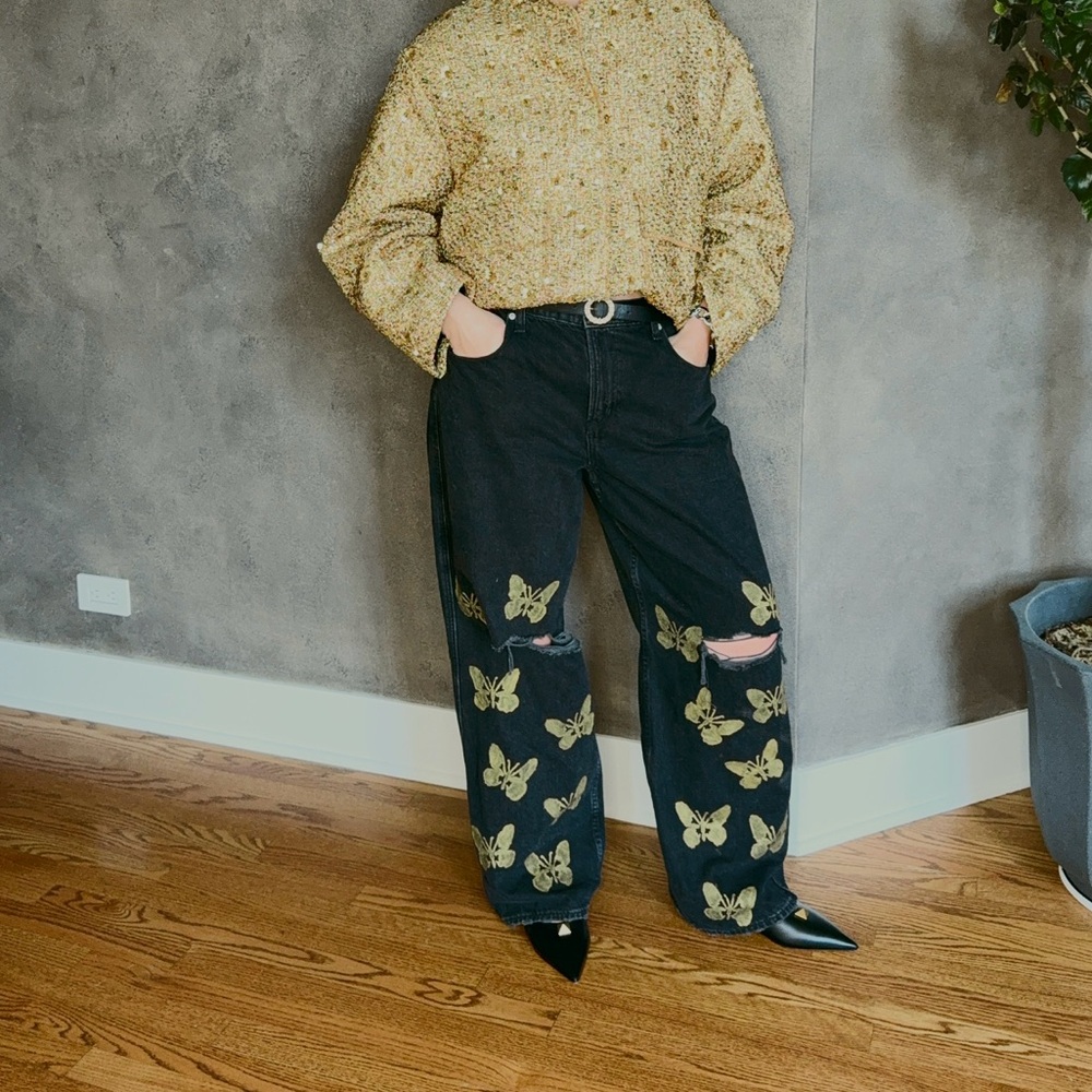 NEW GAP Black Straight Leg Jeans Hand painted Gold Butterfly Design size 14